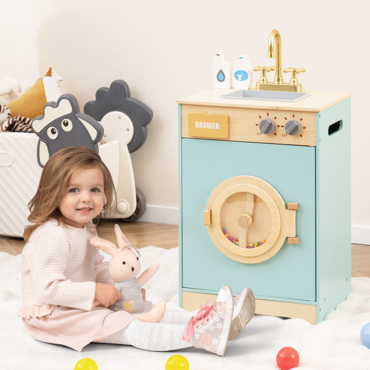 Wooden Pretend Play Toy Washing Machine with Accessories