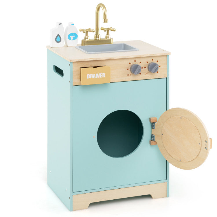 Wooden Pretend Play Toy Washing Machine with Accessories