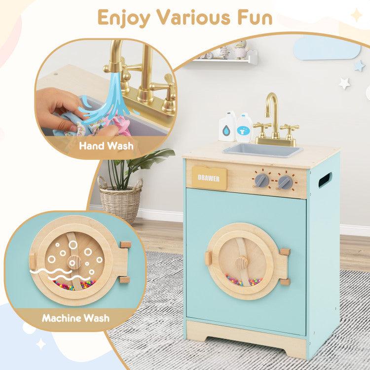 Wooden Pretend Play Toy Washing Machine with Accessories