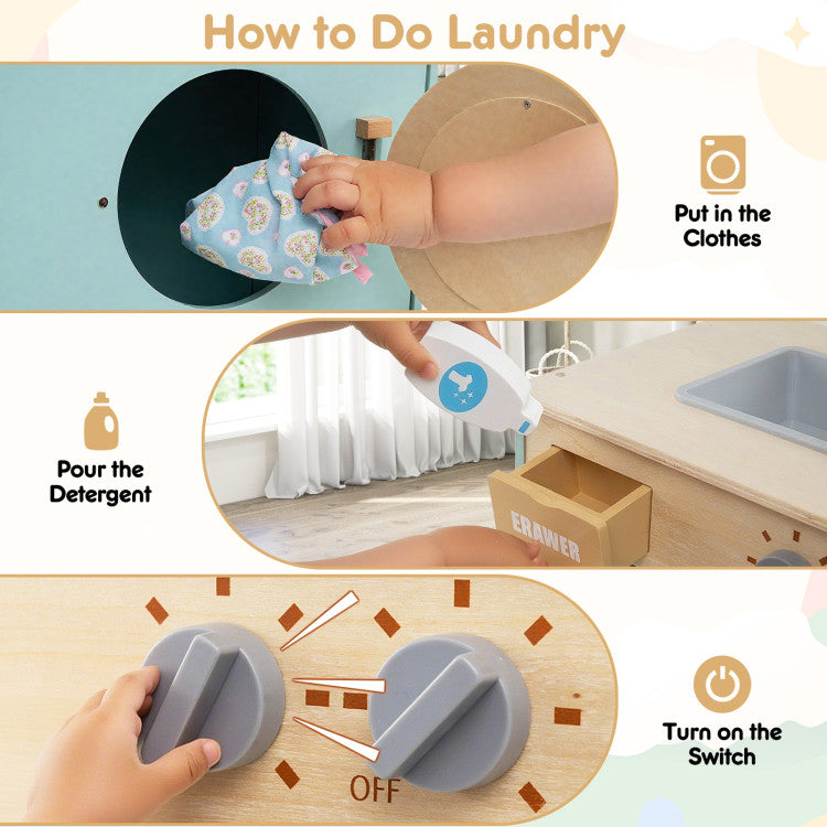 Wooden Pretend Play Toy Washing Machine with Accessories