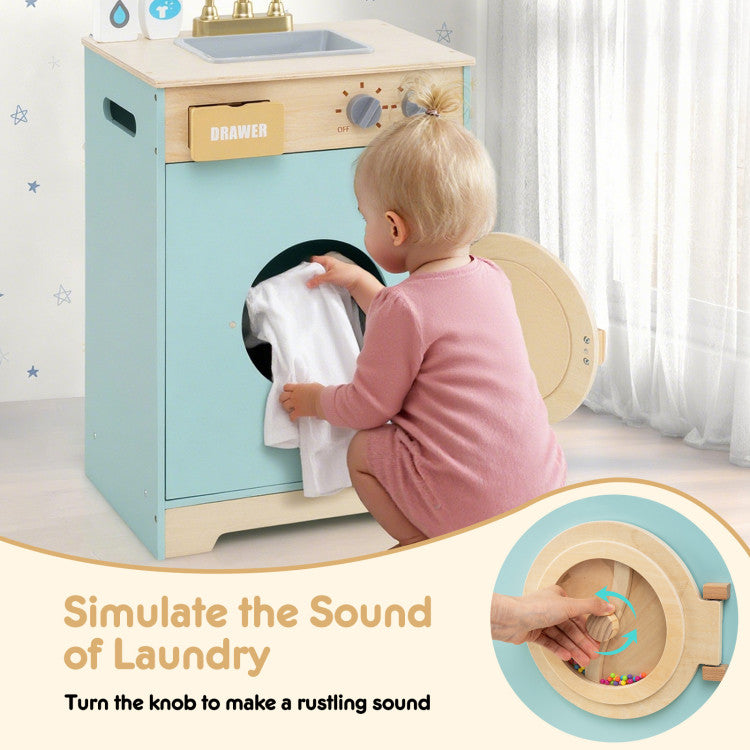 Wooden Pretend Play Toy Washing Machine with Accessories