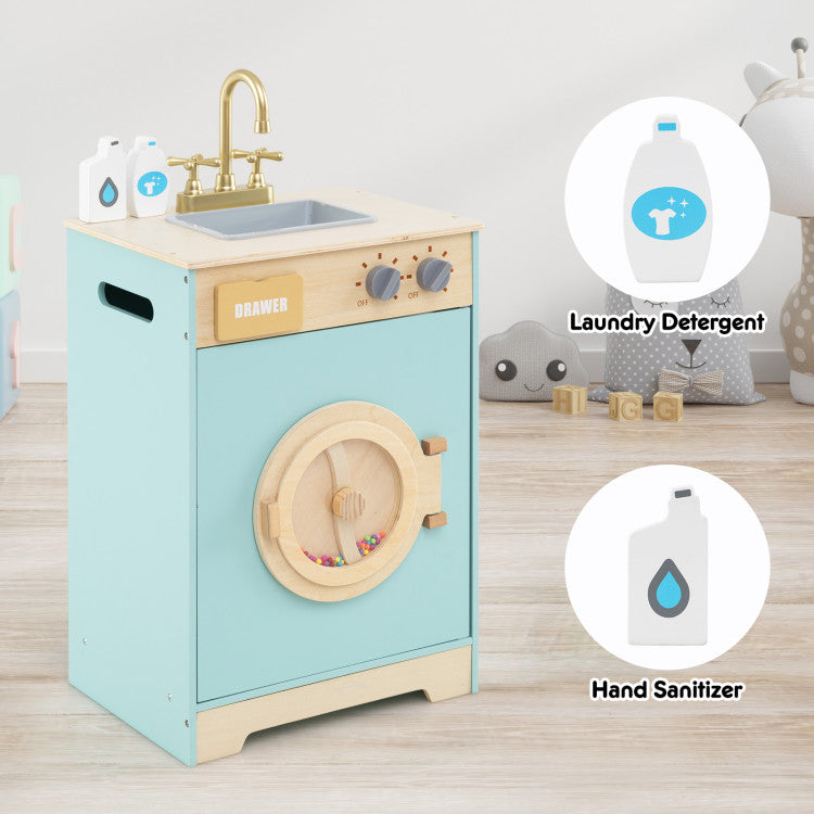 Wooden Pretend Play Toy Washing Machine with Accessories