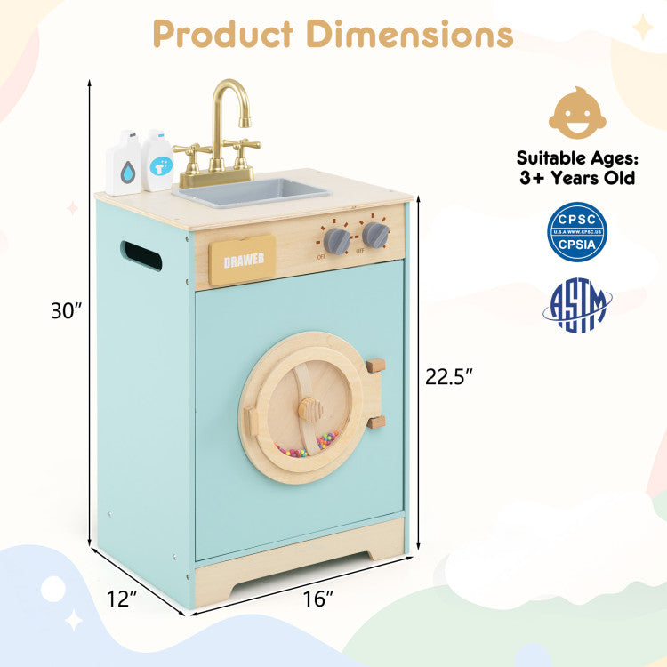 Wooden Pretend Play Toy Washing Machine with Accessories