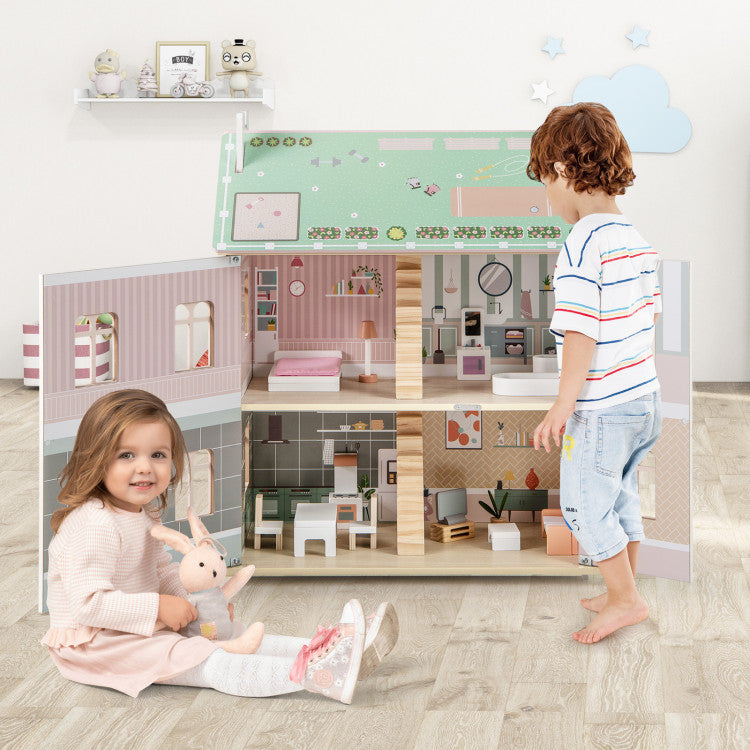 3-Level Kids Wooden Dollhouse with Double Roofs & Operable Doors