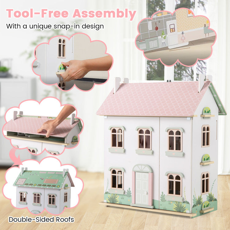 3-Level Kids Wooden Dollhouse with Double Roofs & Operable Doors