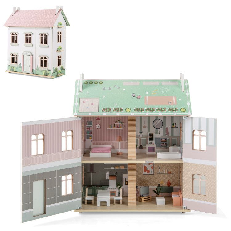 3-Level Kids Wooden Dollhouse with Double Roofs & Operable Doors