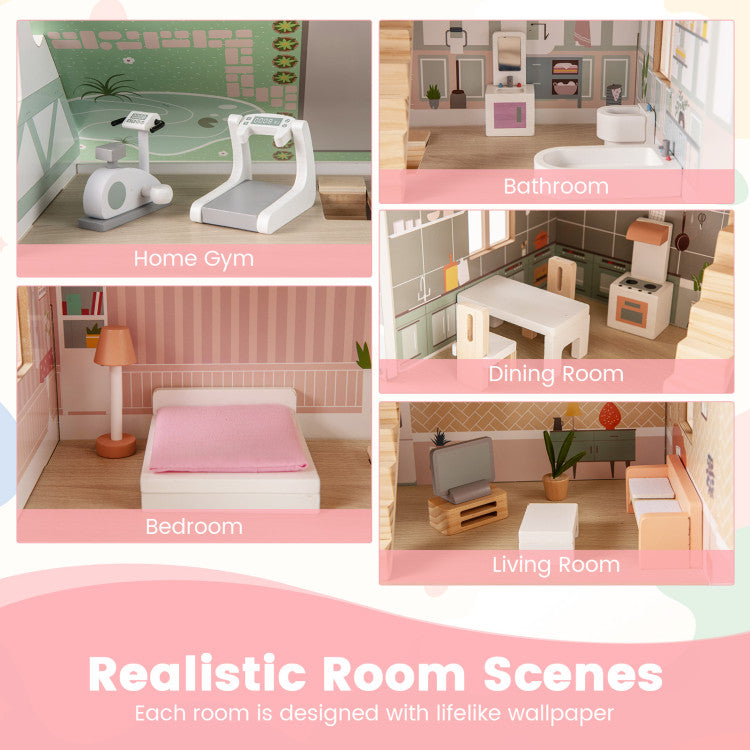 3-Level Kids Wooden Dollhouse with Double Roofs & Operable Doors