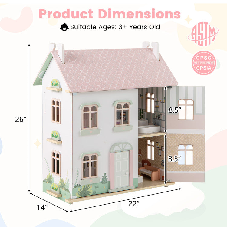 3-Level Kids Wooden Dollhouse with Double Roofs & Operable Doors