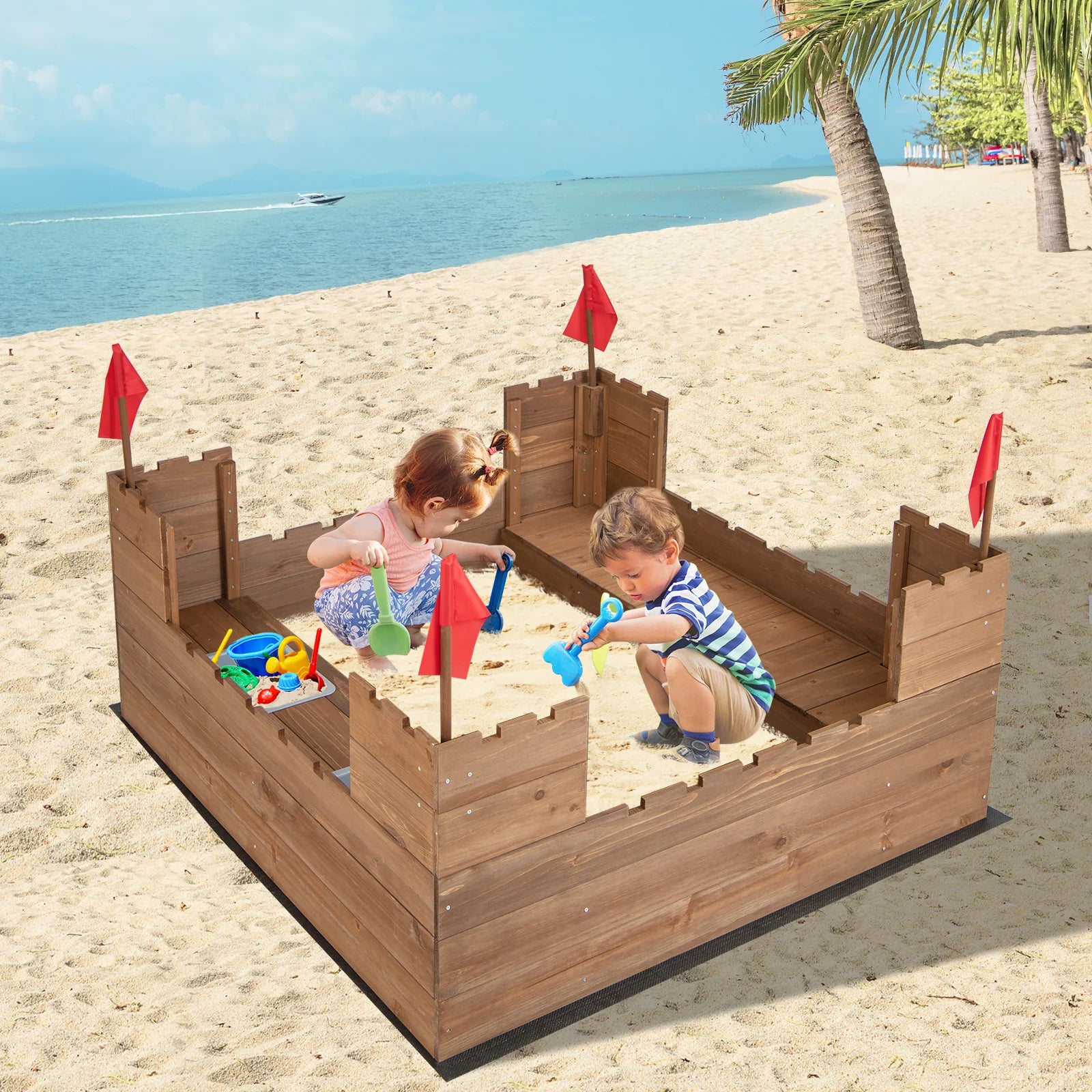 Wooden Castle Theme Sandbox with Red Flags, Built-In Bench & Storage Boxes