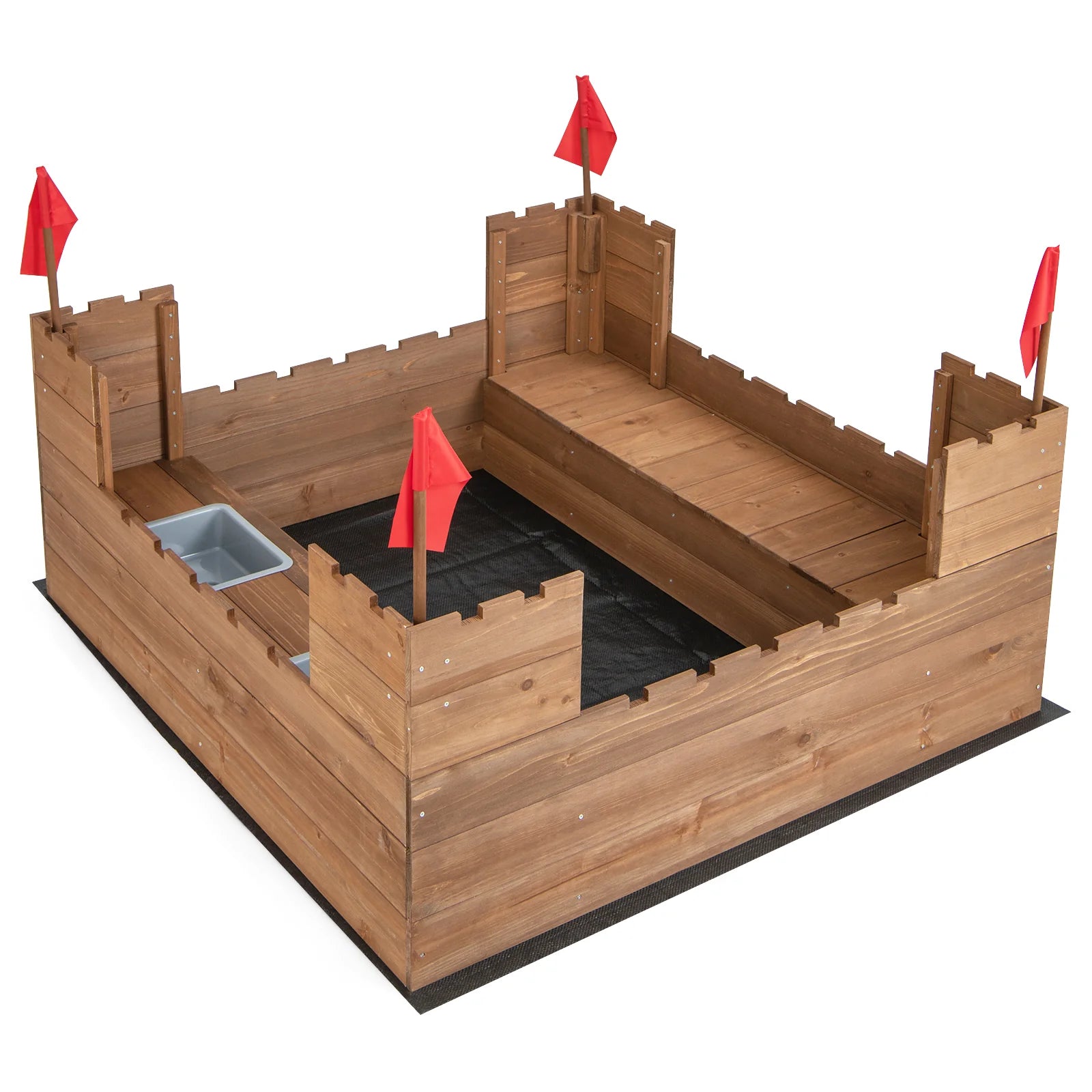 Wooden Castle Theme Sandbox with Red Flags, Built-In Bench & Storage Boxes