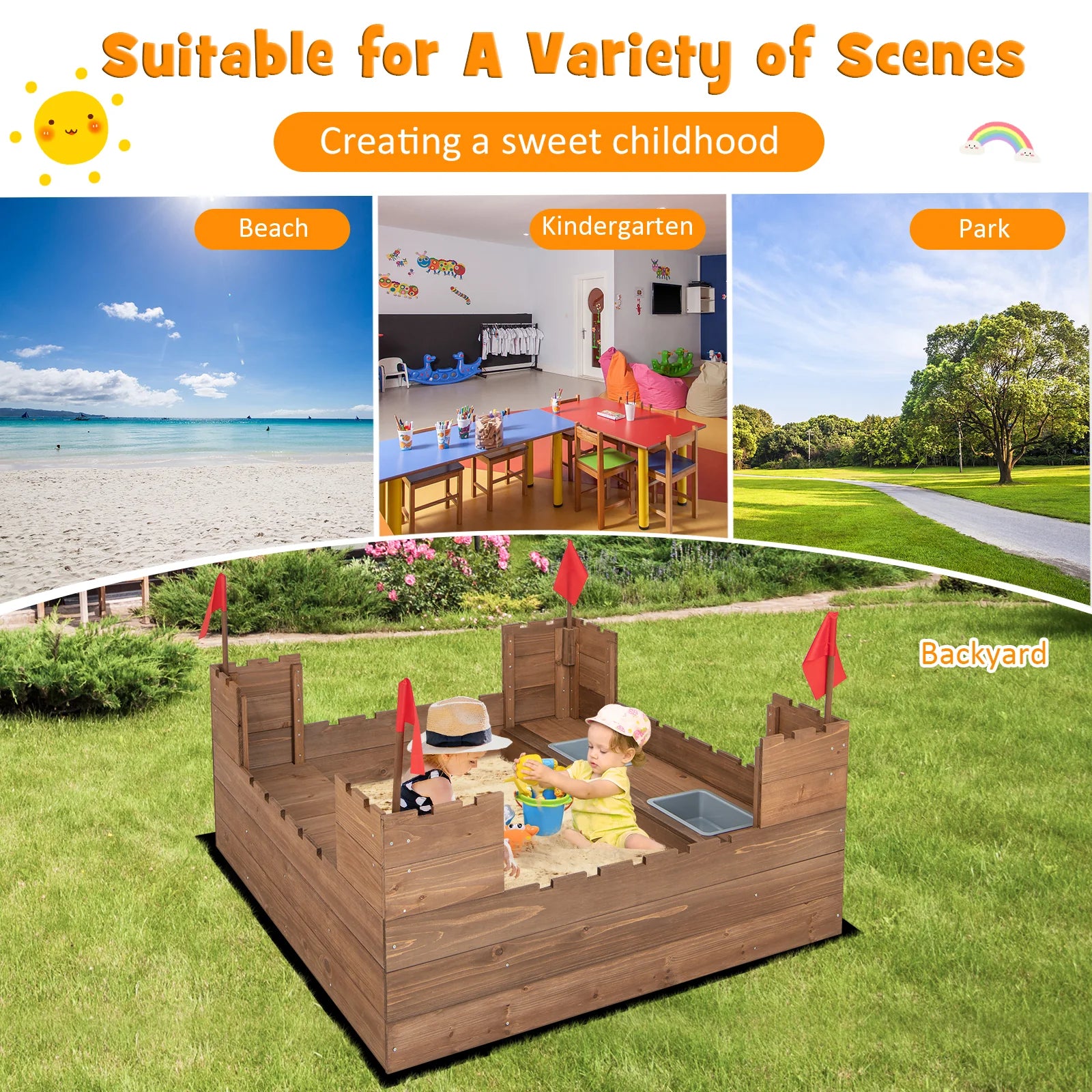Wooden Castle Theme Sandbox with Red Flags, Built-In Bench & Storage Boxes