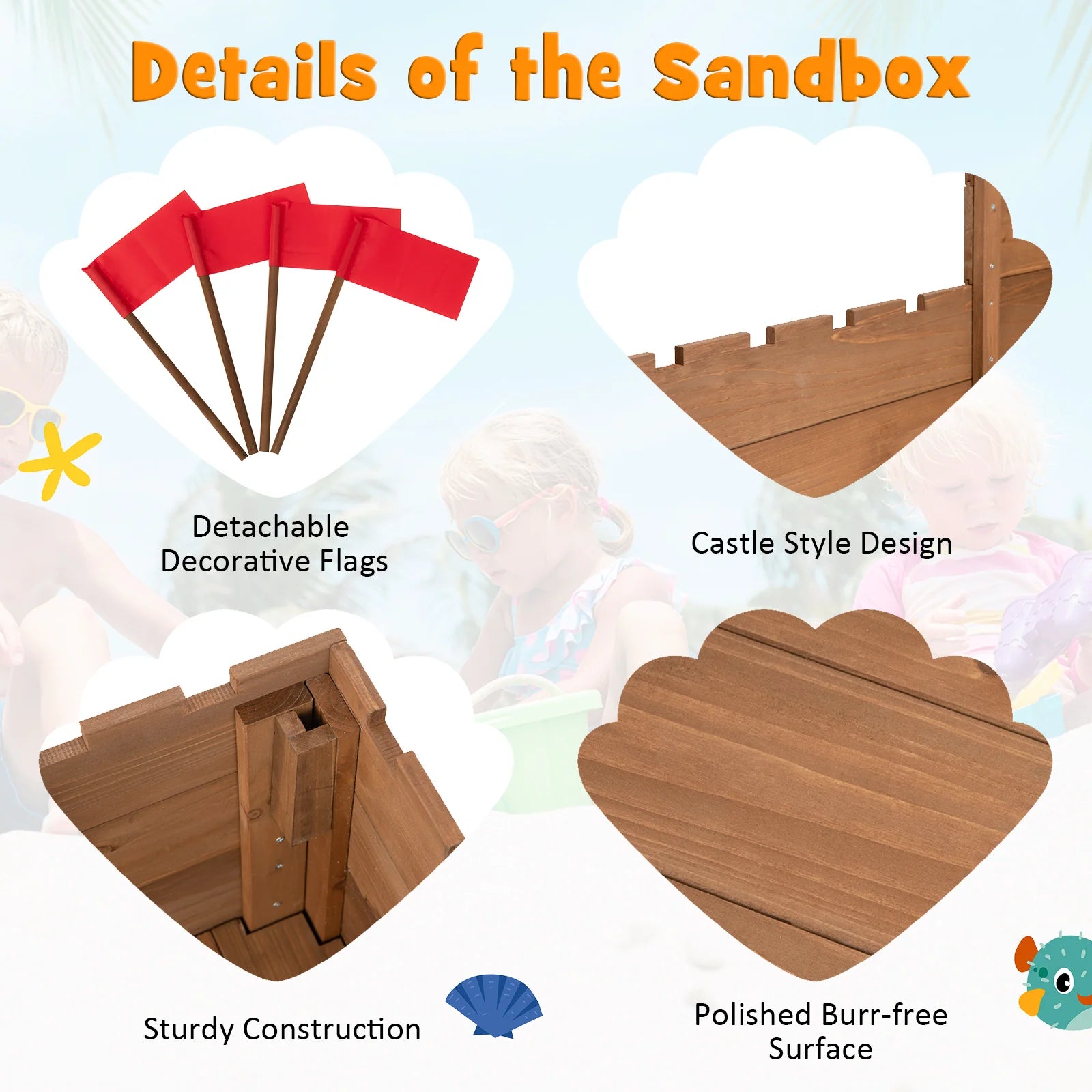 Wooden Castle Theme Sandbox with Red Flags, Built-In Bench & Storage Boxes