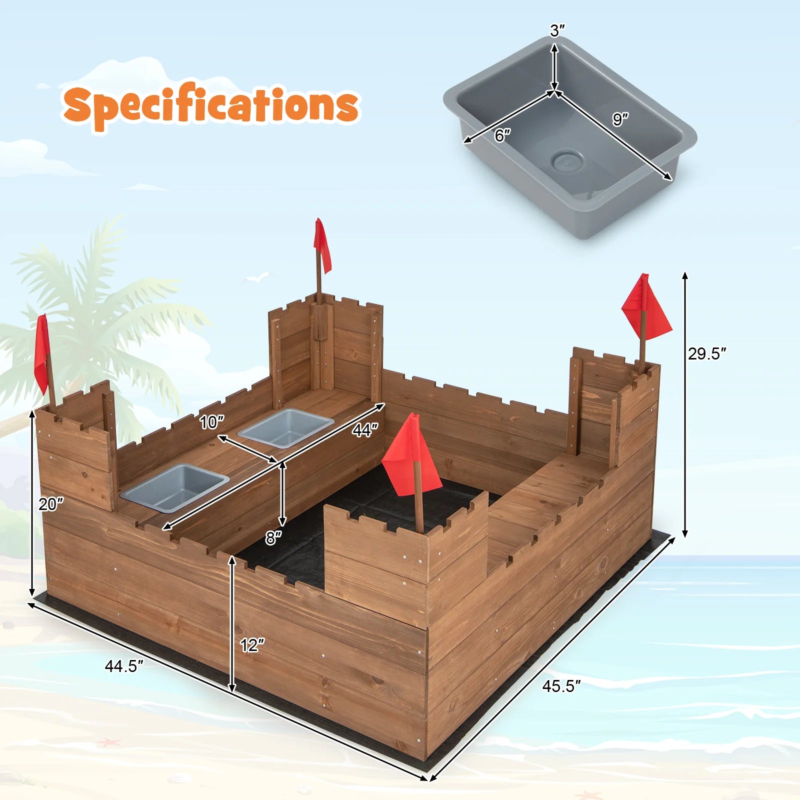 Wooden Castle Theme Sandbox with Red Flags, Built-In Bench & Storage Boxes