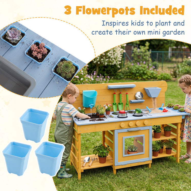 Large Wooden Mud Kitchen with 2 Sinks & 4 Stoves