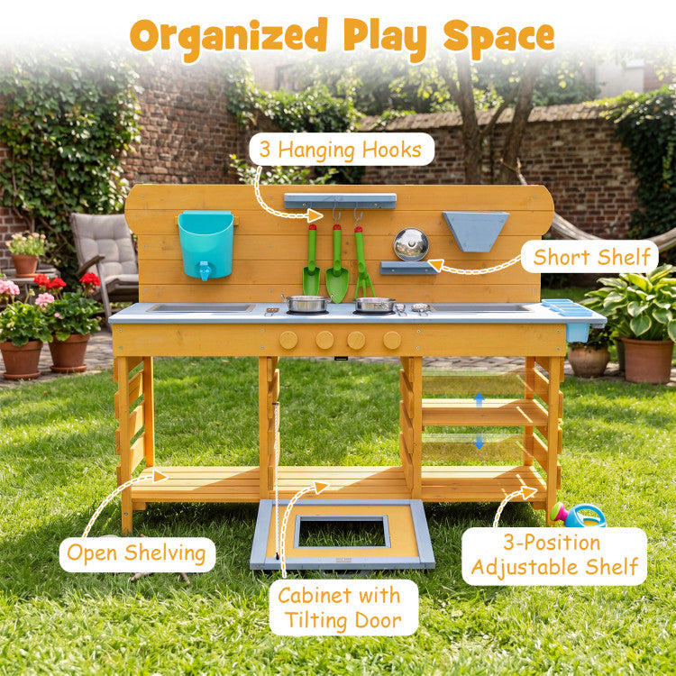 Large Wooden Mud Kitchen with 2 Sinks & 4 Stoves