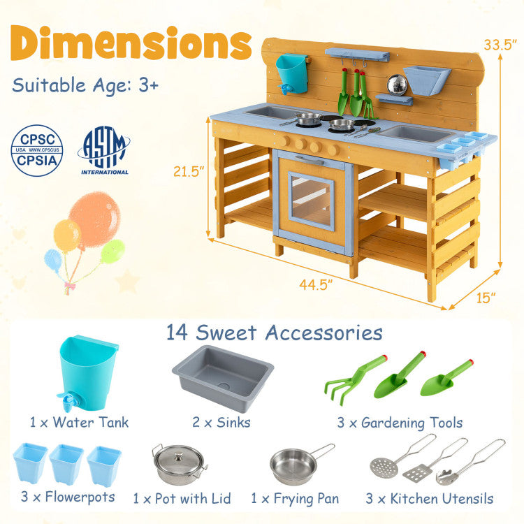 Large Wooden Mud Kitchen with 2 Sinks & 4 Stoves