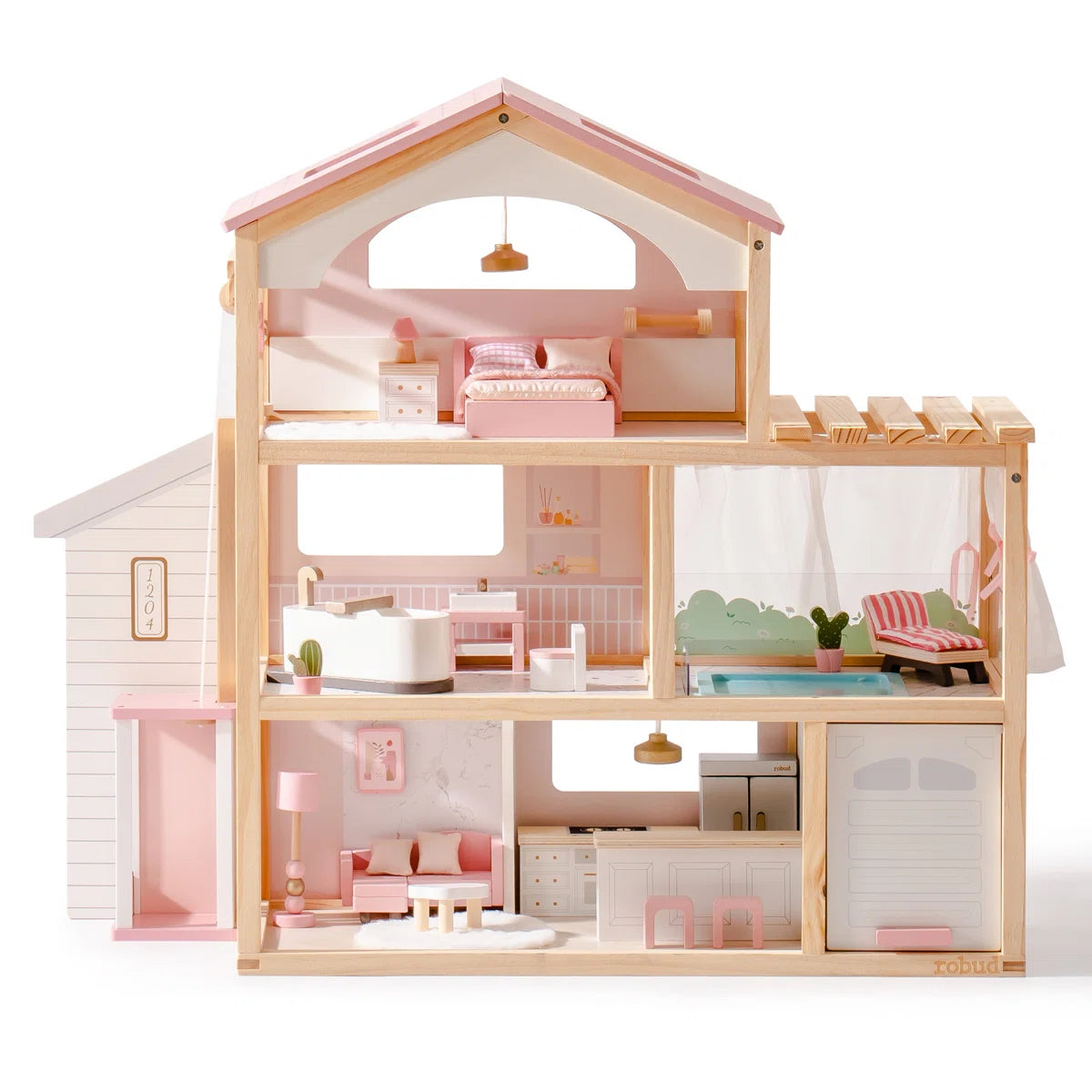 Wooden Dollhouse Estate with Working Elevator, Pool & Garage