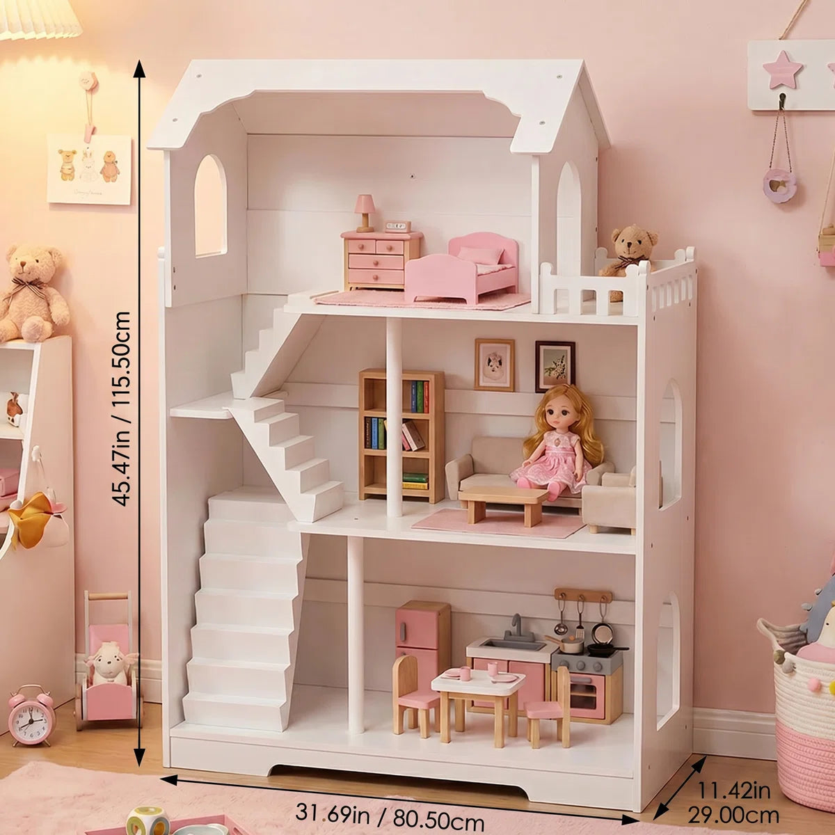 Open-Concept Modern 3-Tier Wooden Dollhouse