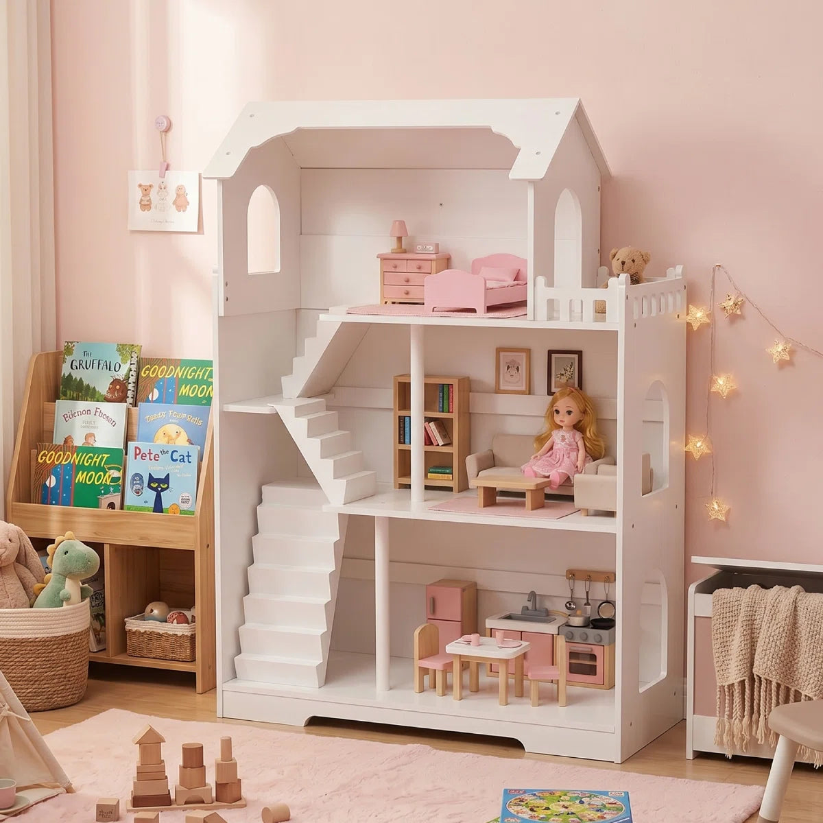 Open-Concept Modern 3-Tier Wooden Dollhouse