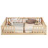 A light natural wood twin bed with two single beds connected side by side, styled with two pillows, a stuffed animal, and a teddy bear on a plain white background.