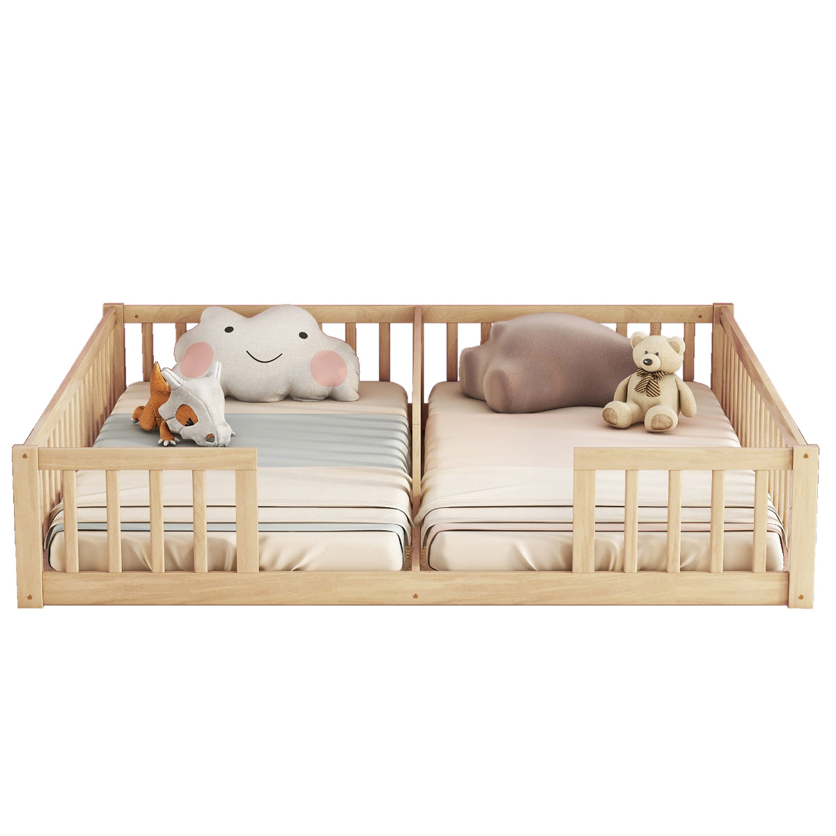 A light natural wood twin bed with two single beds connected side by side, styled with two pillows, a stuffed animal, and a teddy bear on a plain white background.