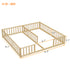 A wooden baby playpen frame with dimension annotations showing measurements in inches on a white background.