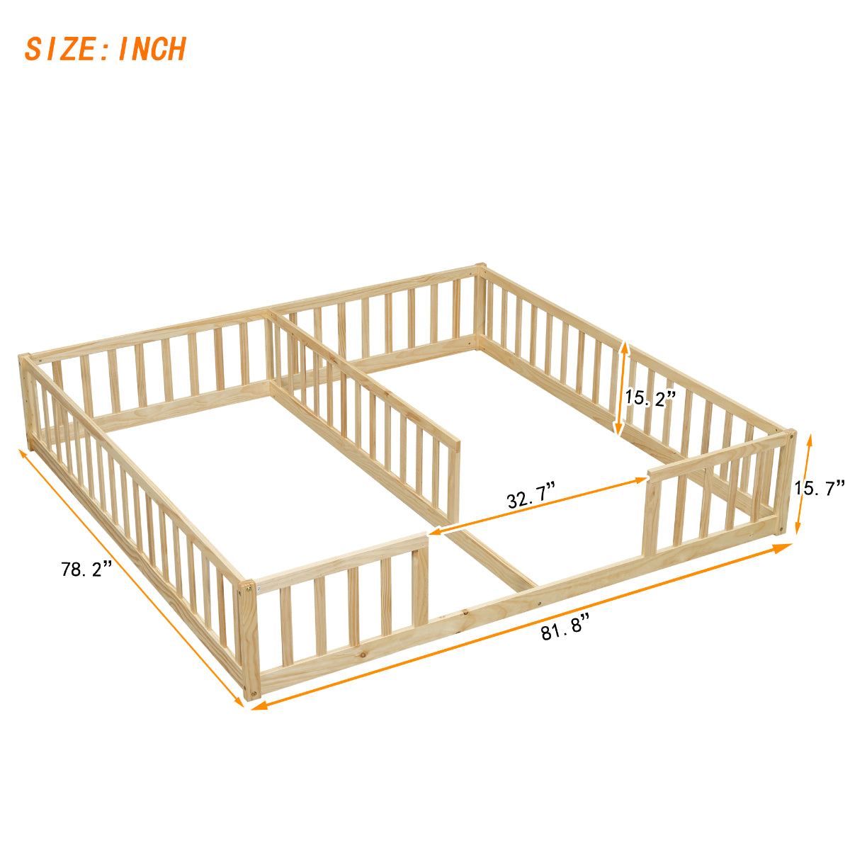 A wooden baby playpen frame with dimension annotations showing measurements in inches on a white background.