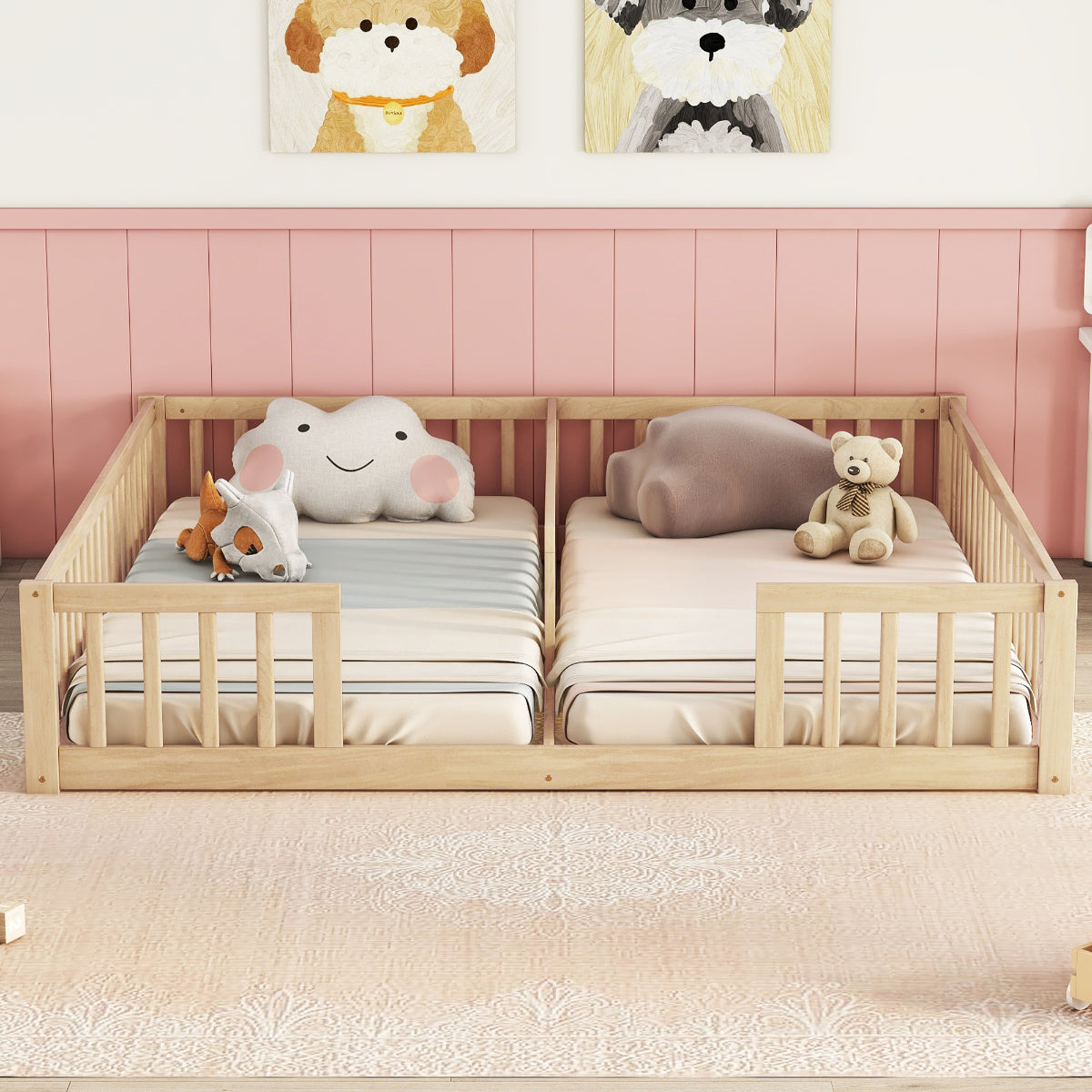 Double Twin Floor Bed with Safety Guardrails