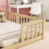 Wooden bed rail in a bedroom setting with a teddy bear and desk in the background.