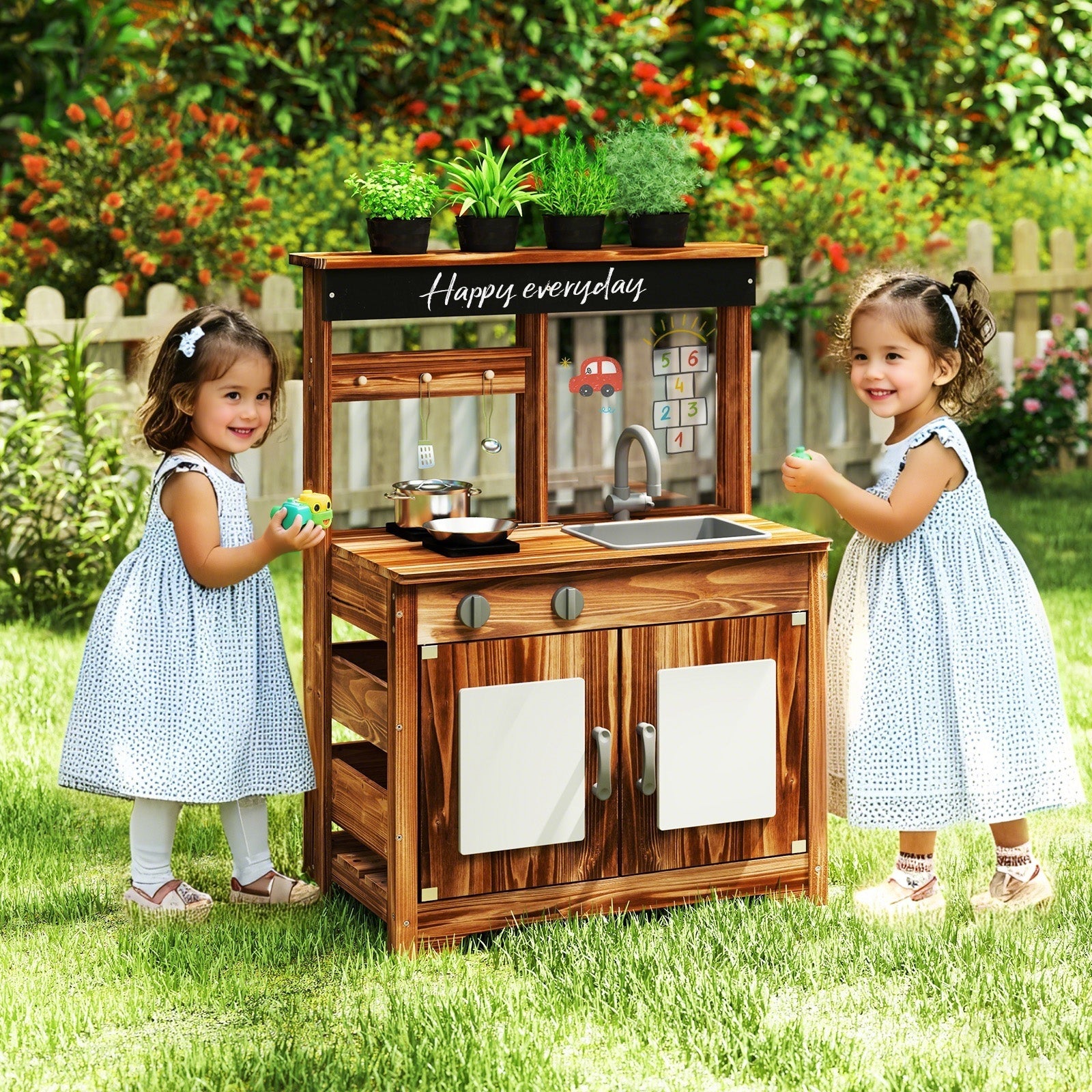 Kids Wooden Mud Kitchen with Planting Pots