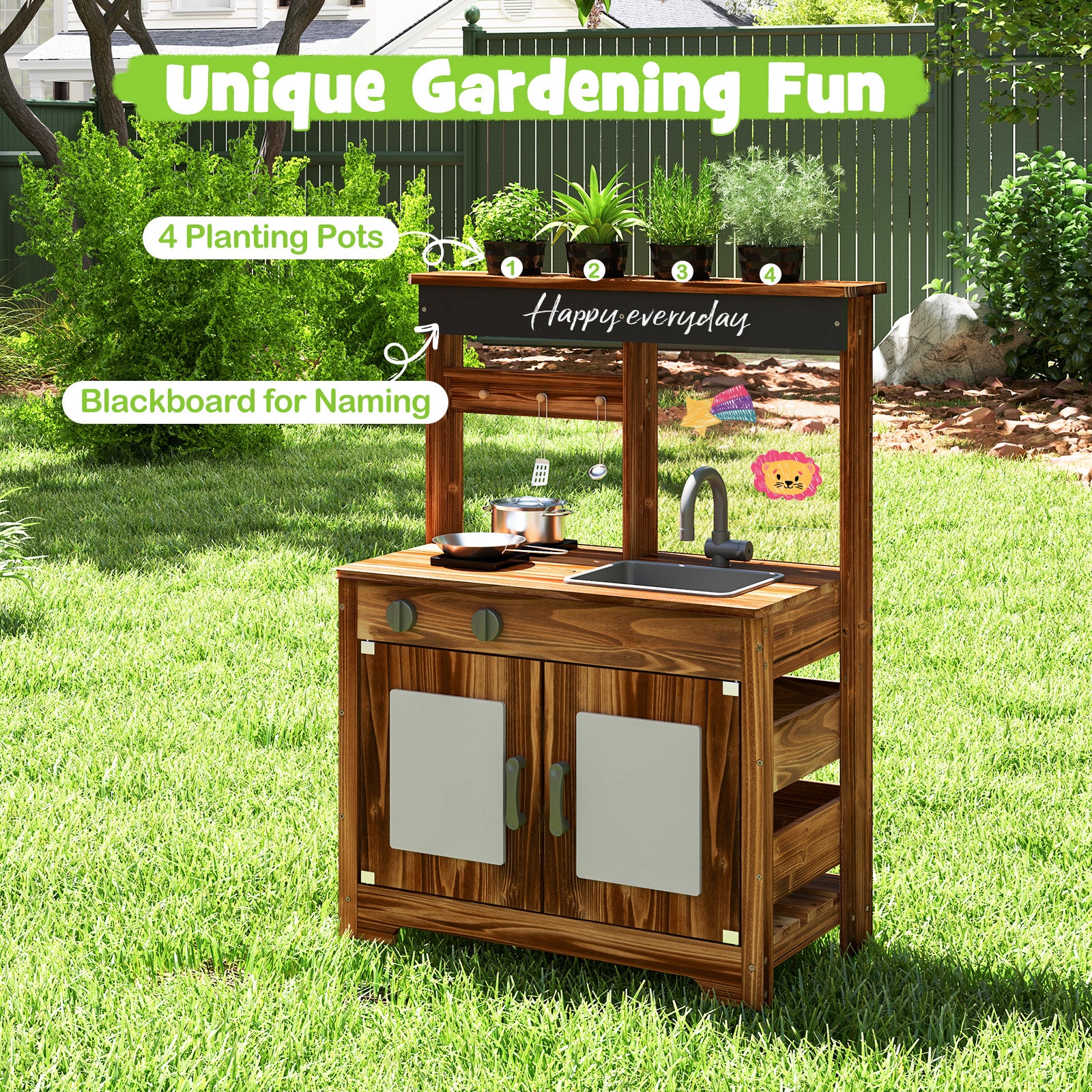 Kids Wooden Mud Kitchen with Planting Pots