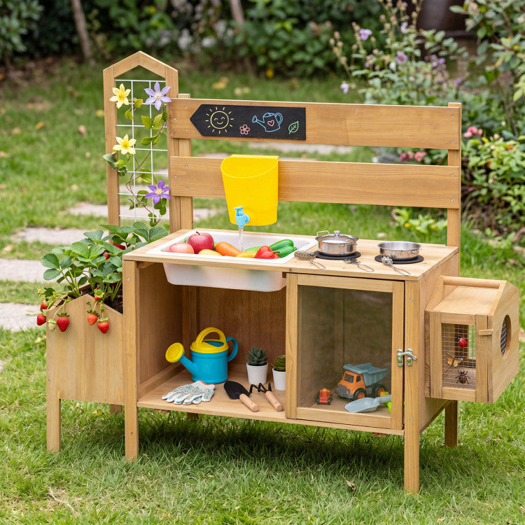 Wooden Mud Kitchen with Birdhouse & Dual Stoves