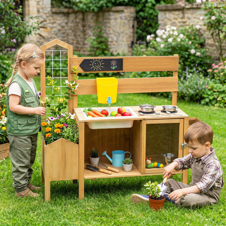 Wooden Mud Kitchen with Birdhouse & Dual Stoves