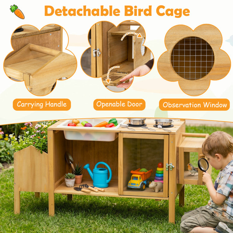Wooden Mud Kitchen with Birdhouse & Dual Stoves