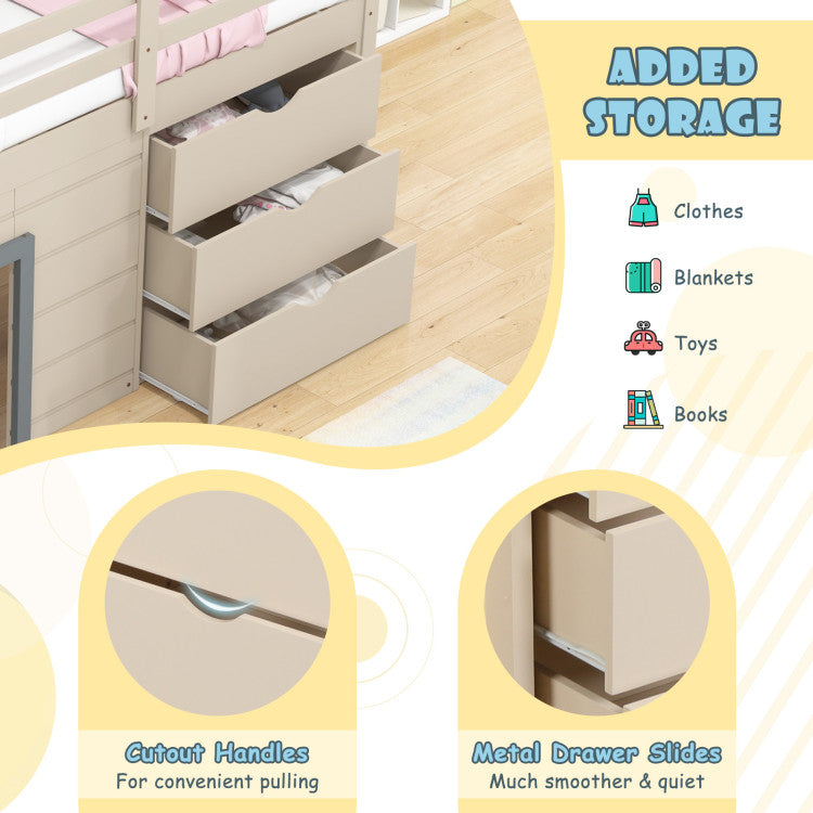 Twin Loft Bed with Slide & Storage Drawers