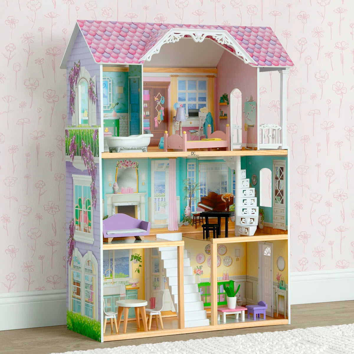 Large 3-Story Wooden Dollhouse with Spiral Staircase