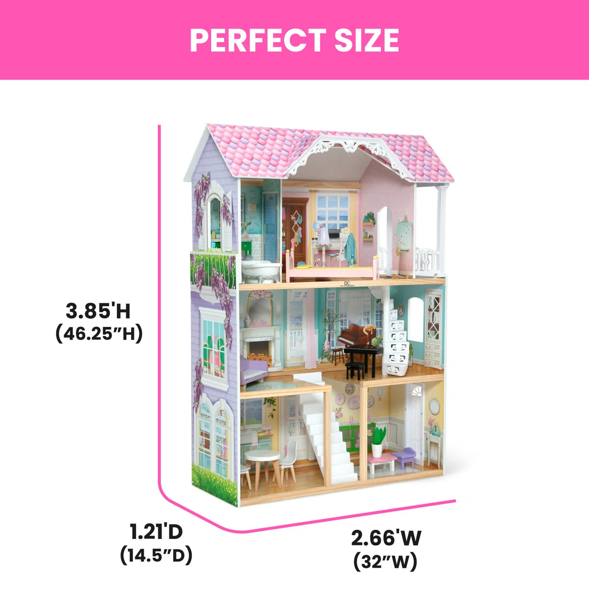 Large 3-Story Wooden Dollhouse with Spiral Staircase
