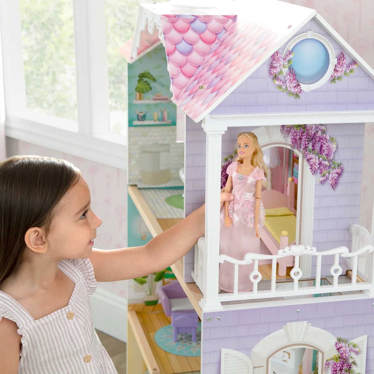 Large 3-Story Wooden Dollhouse with Spiral Staircase