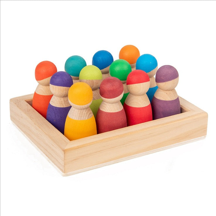 12-Piece Montessori Wooden Rainbow Peg Dolls Open-Ended Play