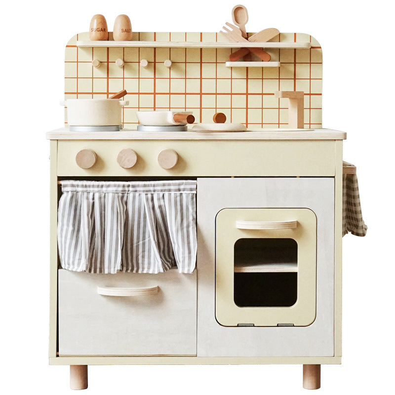 Beige Rustic Wooden Kids Kitchen Playset with Oven & Sink