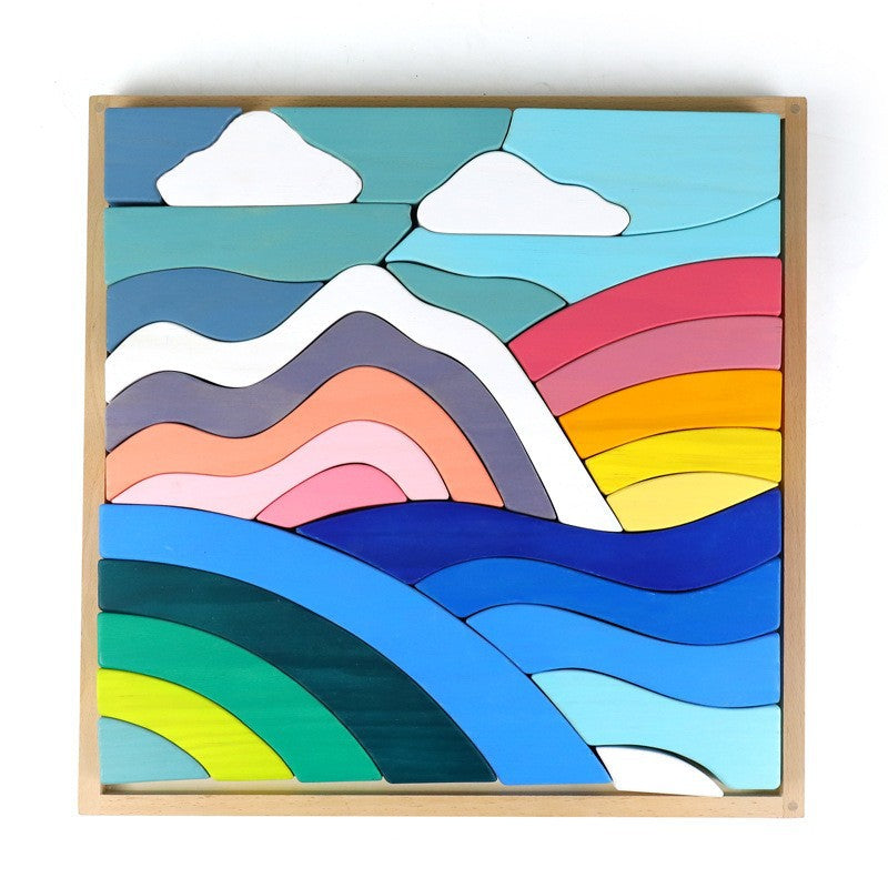 Wooden Rainbow Cloud Landscape Puzzle Board