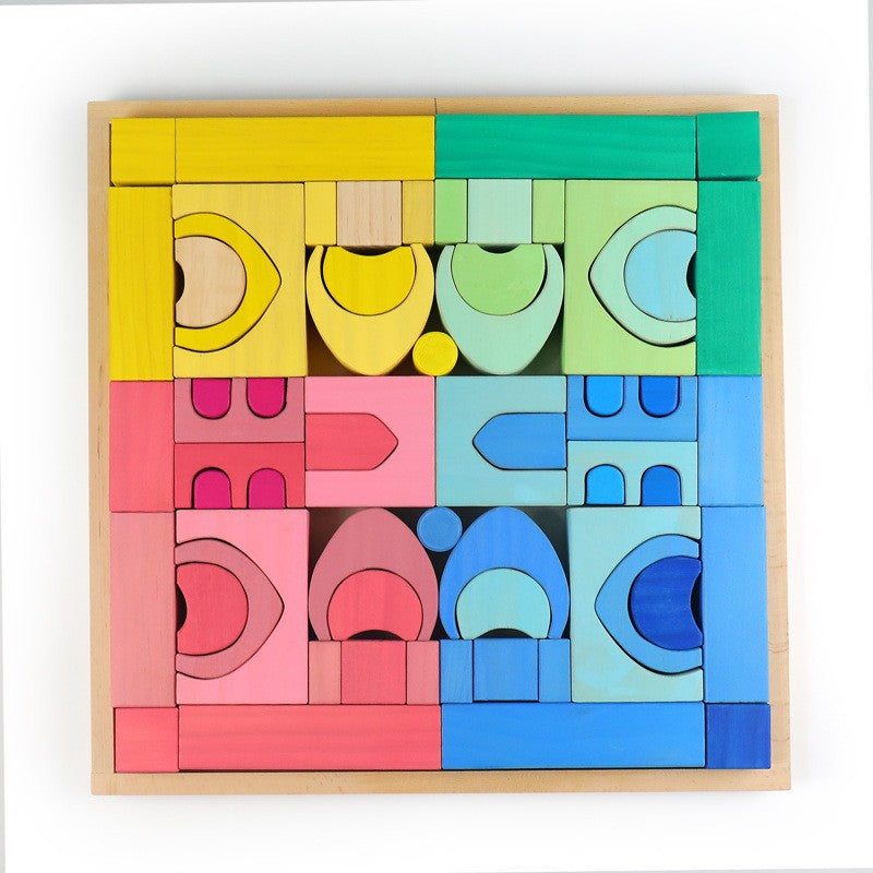 64-Piece Rainbow Wooden Castle Building Blocks Set