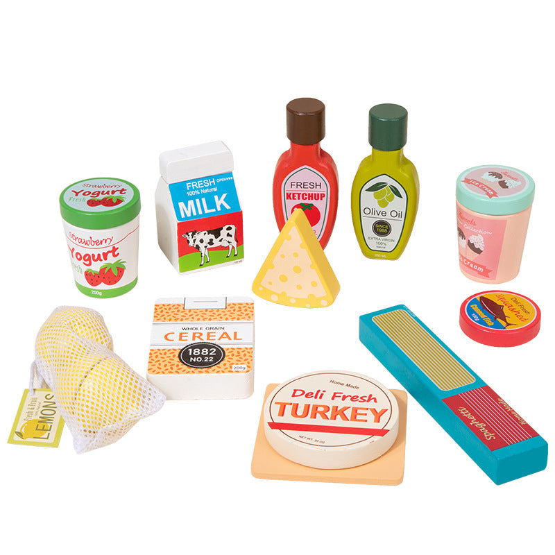 7-Piece Toddler Wooden Grocery Set with Milk & Cheese