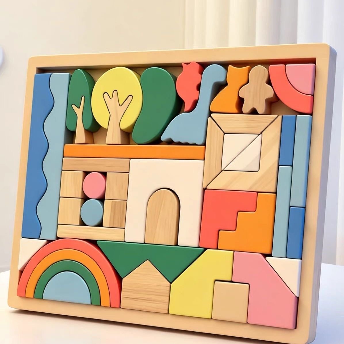 46-Piece Pastel Wooden Building Blocks Set