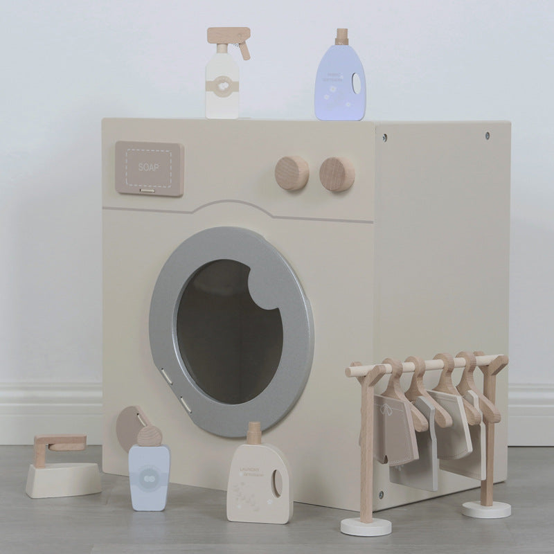 Wooden Pretend Laundry Play Set with Clothes & Hangers