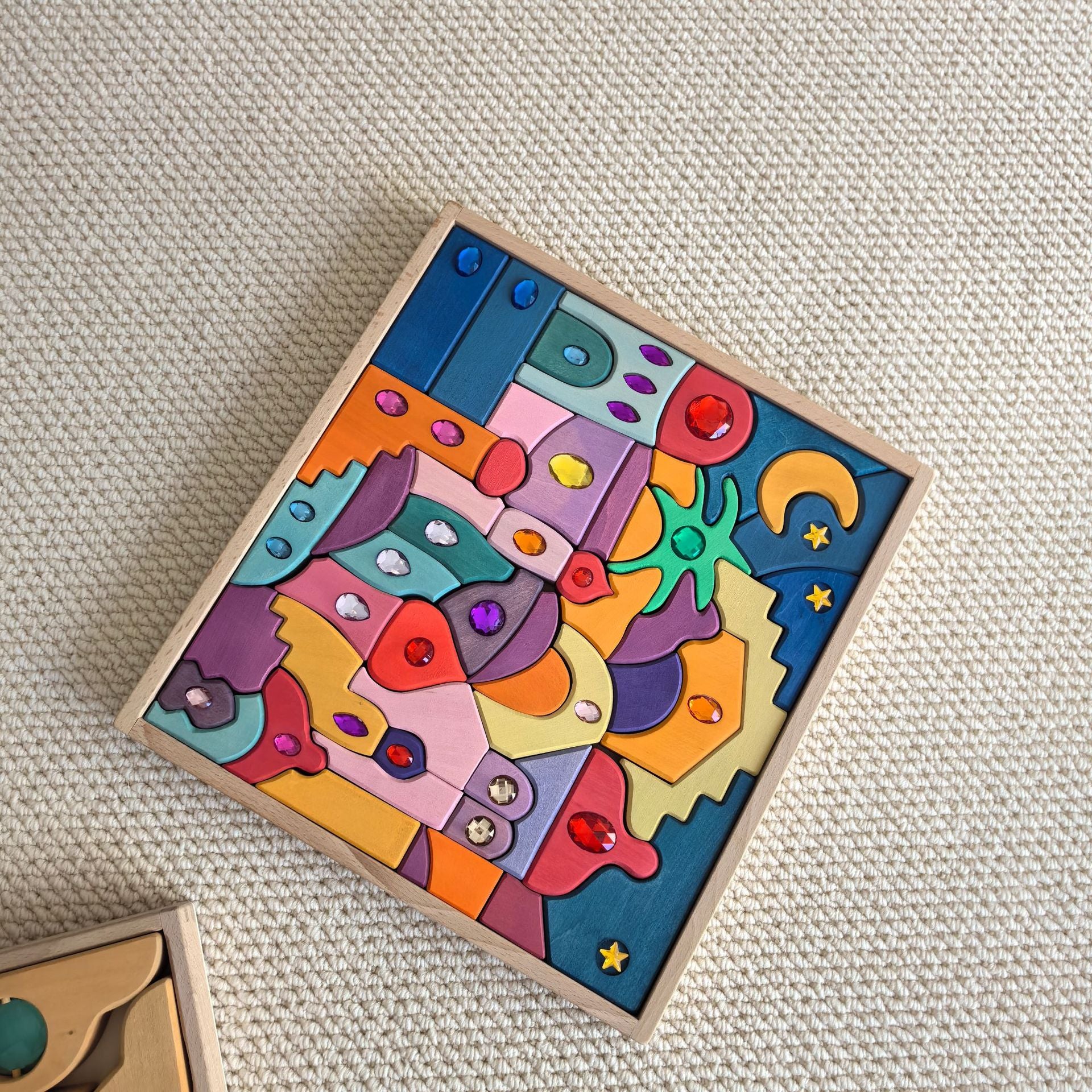 52-Piece Sparkling Gemstone Wooden Mandala Puzzle & Building Set
