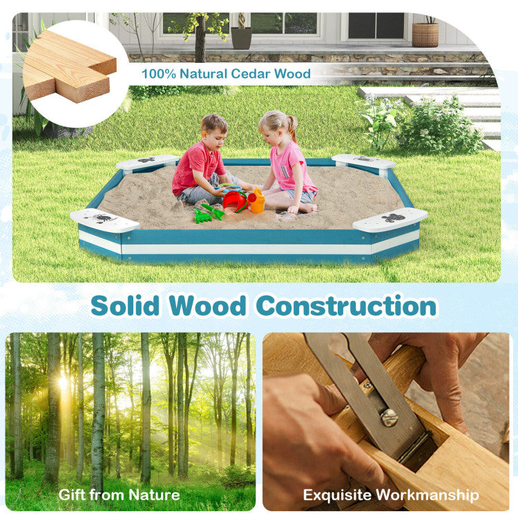 Kids Hexagonal Cedar Wood Sandbox with 4 Built-In Animal Pattern Seats