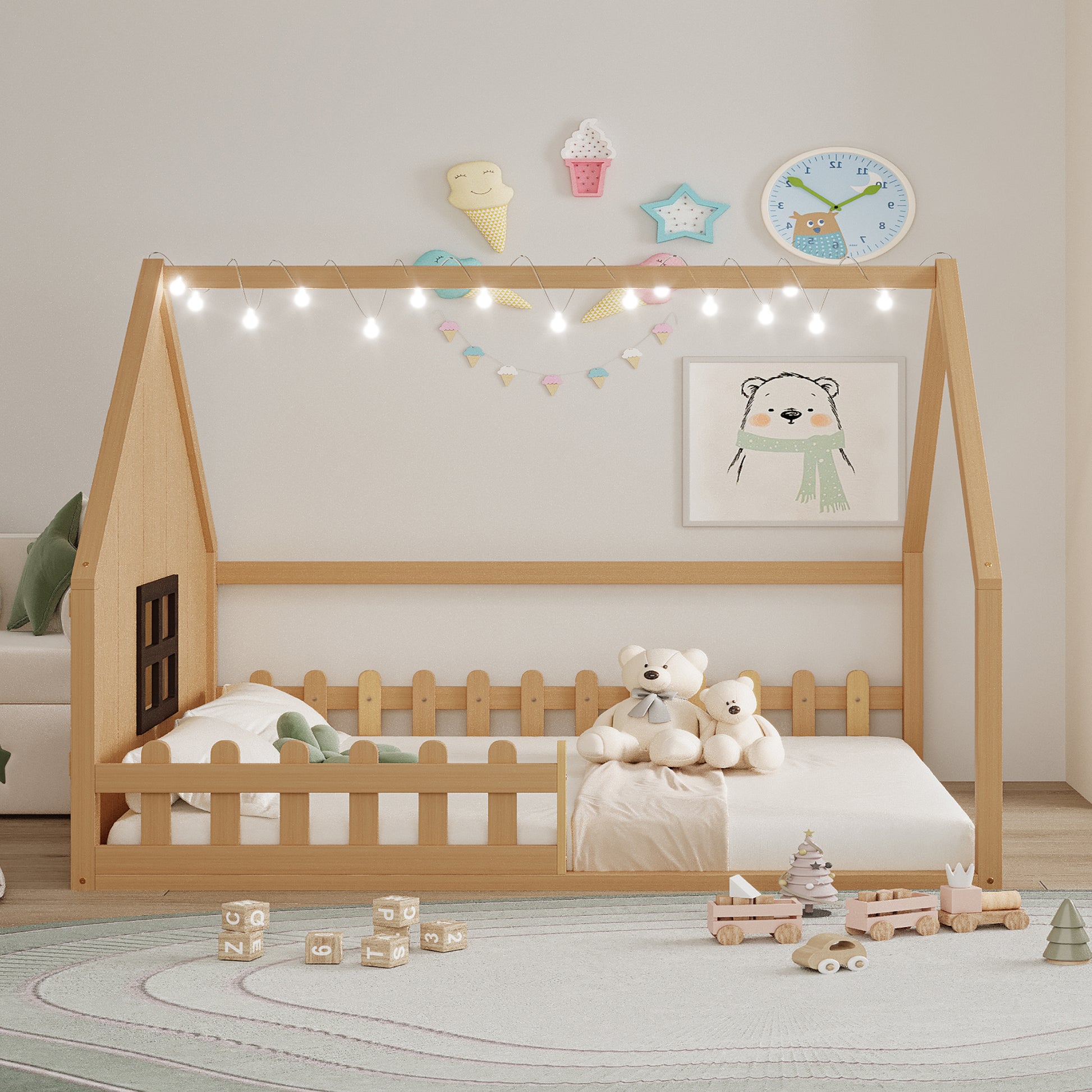 Full Size Wood House Bed with Fence