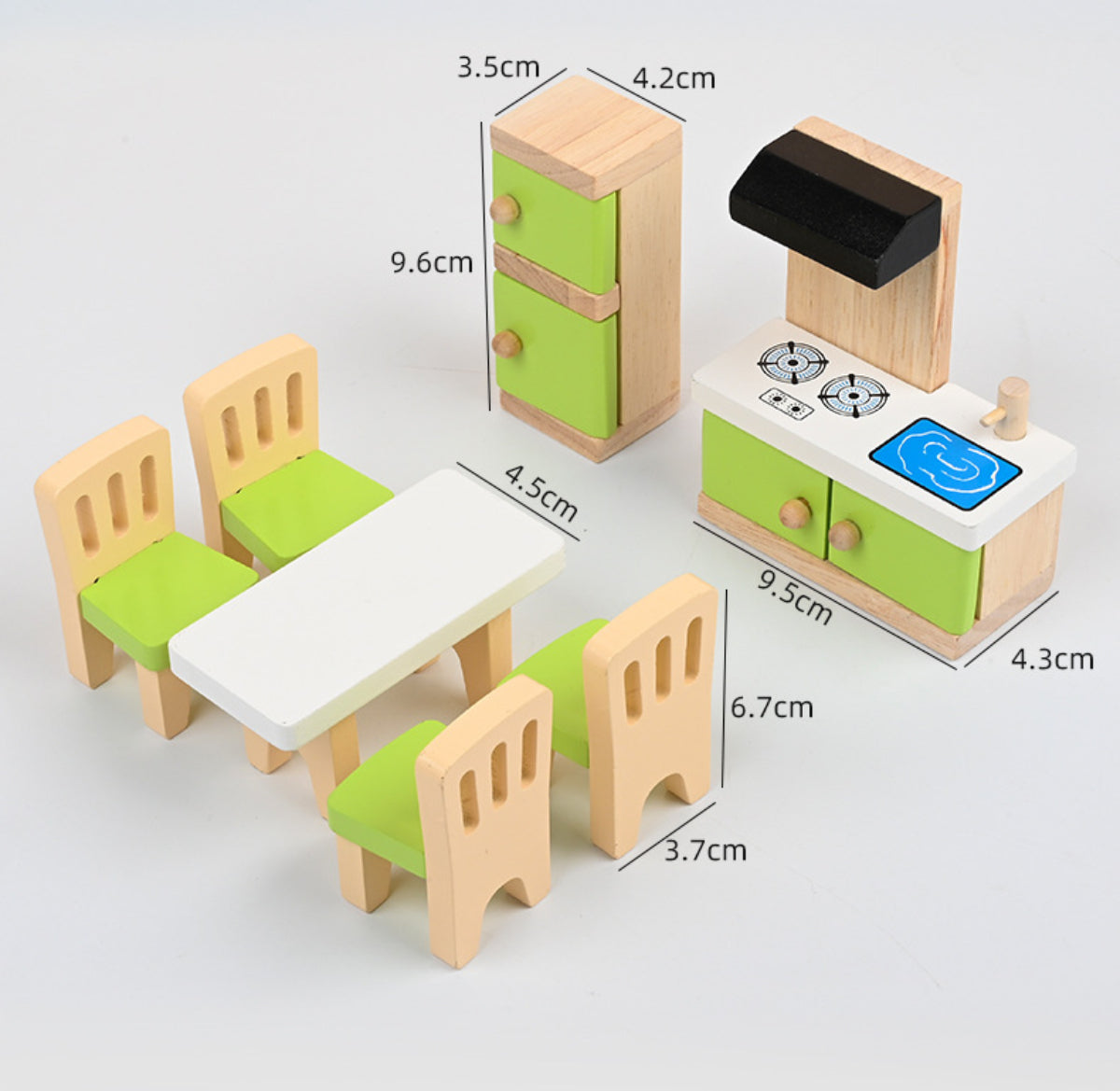 4-Room Wooden Dollhouse Furniture Set