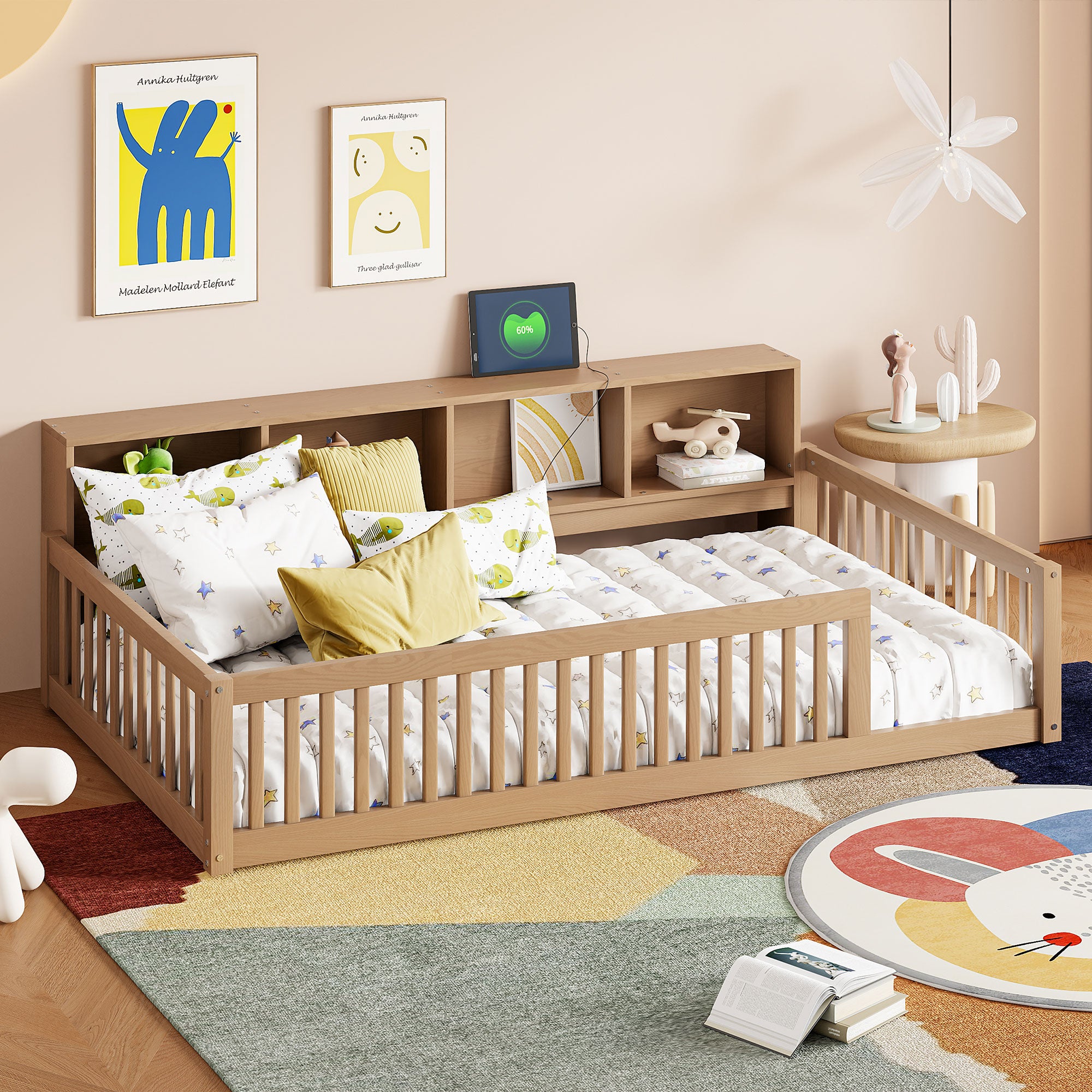 Twin XL Wood Floor Bed with Storage Shelves
